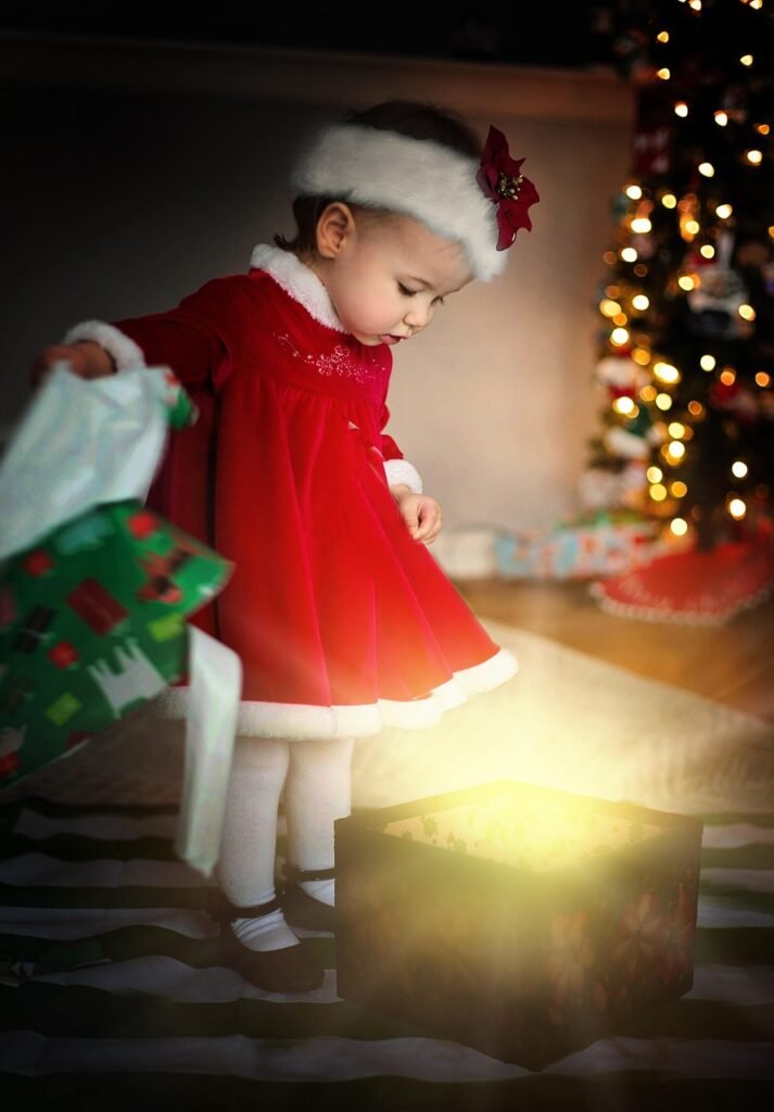 christmas, magic, gift, present, light, little girl, child, opening presents, opening gift