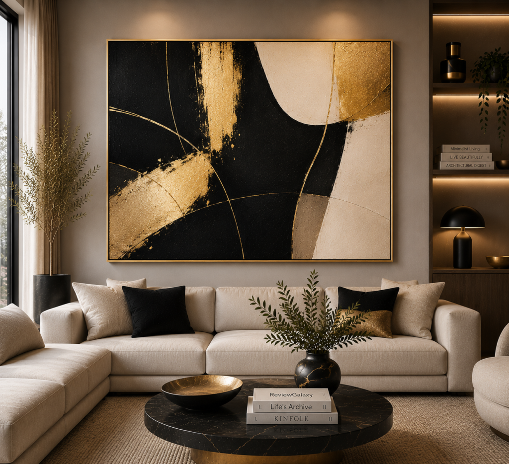 black and gold abstract living room wall art