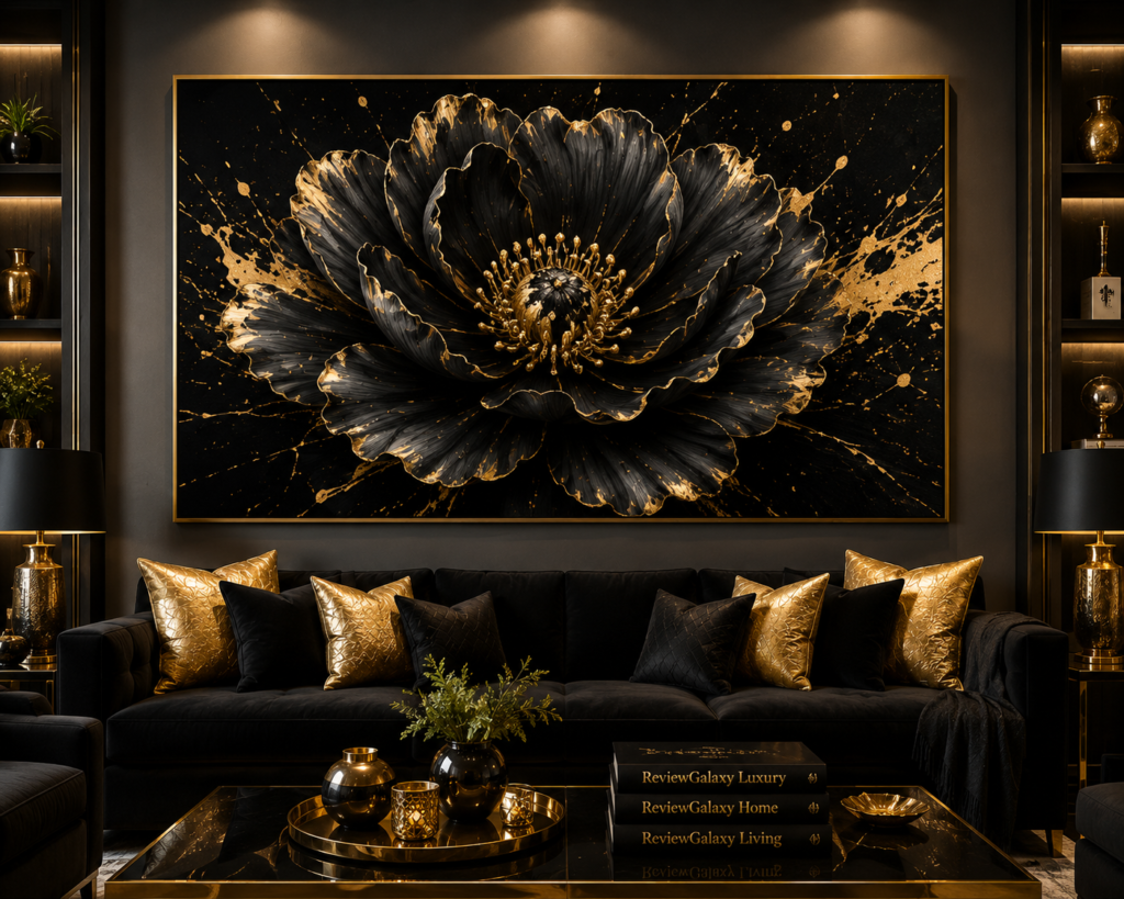 black and gold framed living room wall art