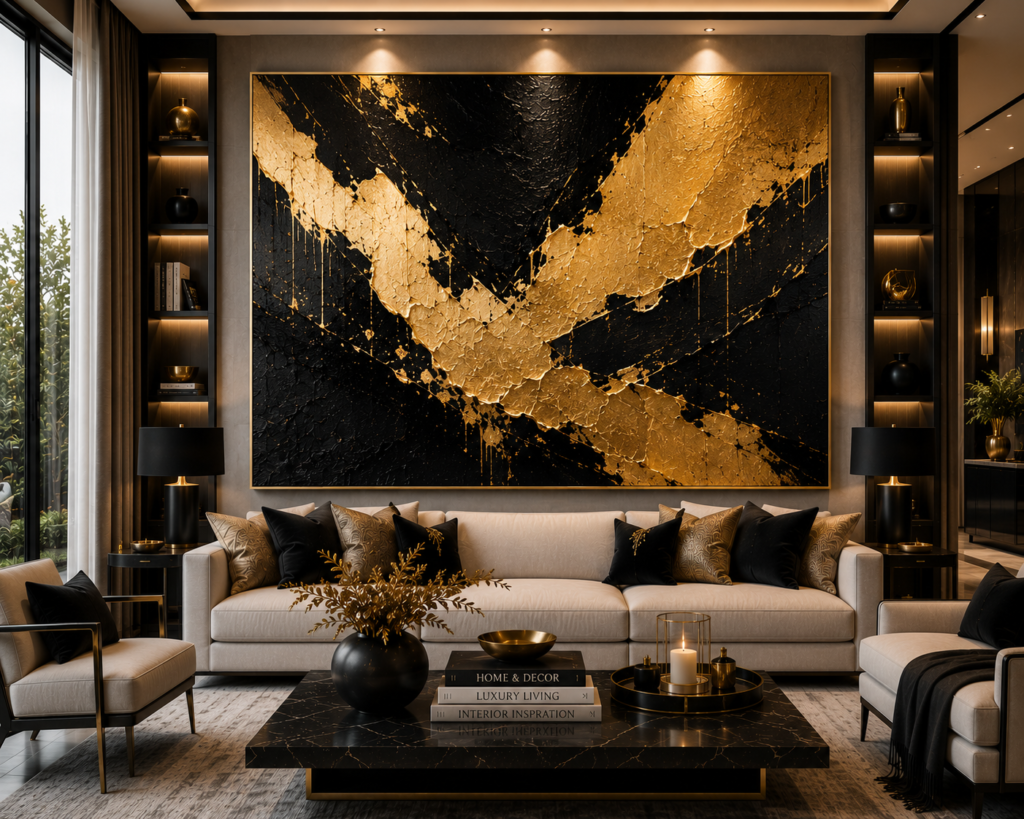 black and gold large statement living room wall art