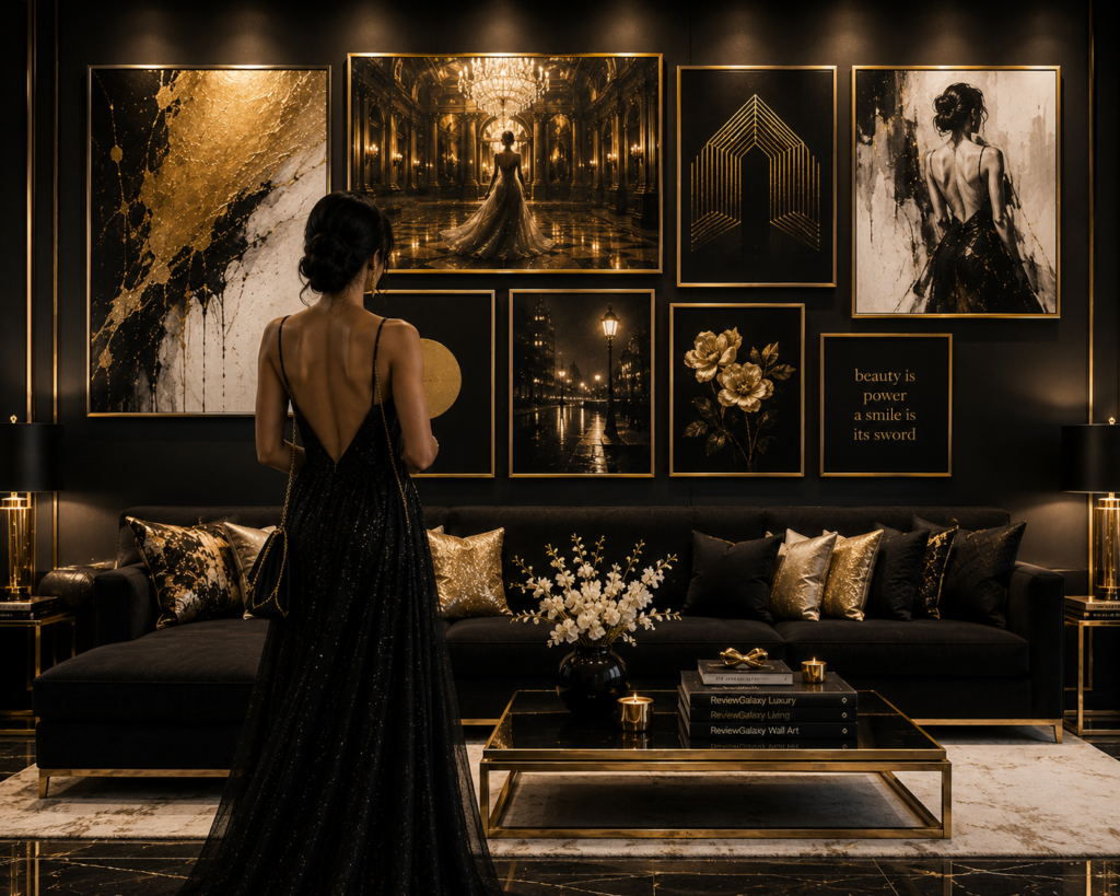 black and gold living room gallery wall ideas