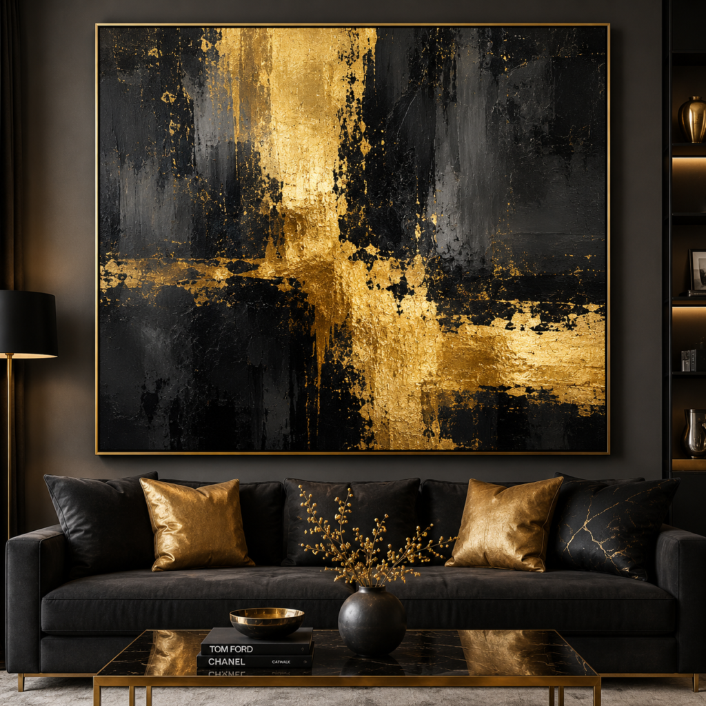 black and gold living room wall art