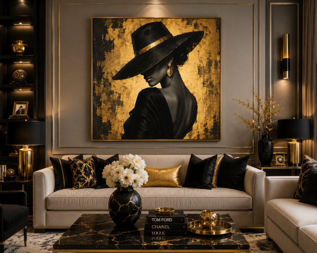 black and gold living room wall art ideas 2