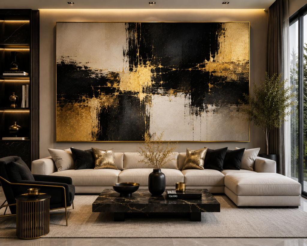 black and gold modern living room wall art
