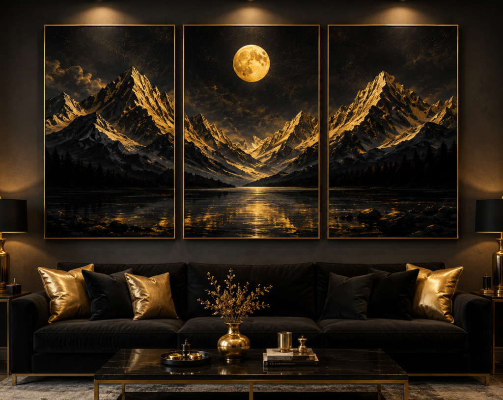black and gold wall art above sofa ideas 2