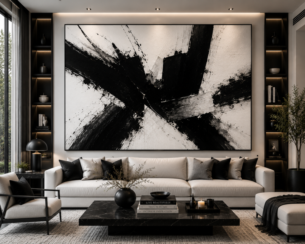 black and white large statement living room wall art