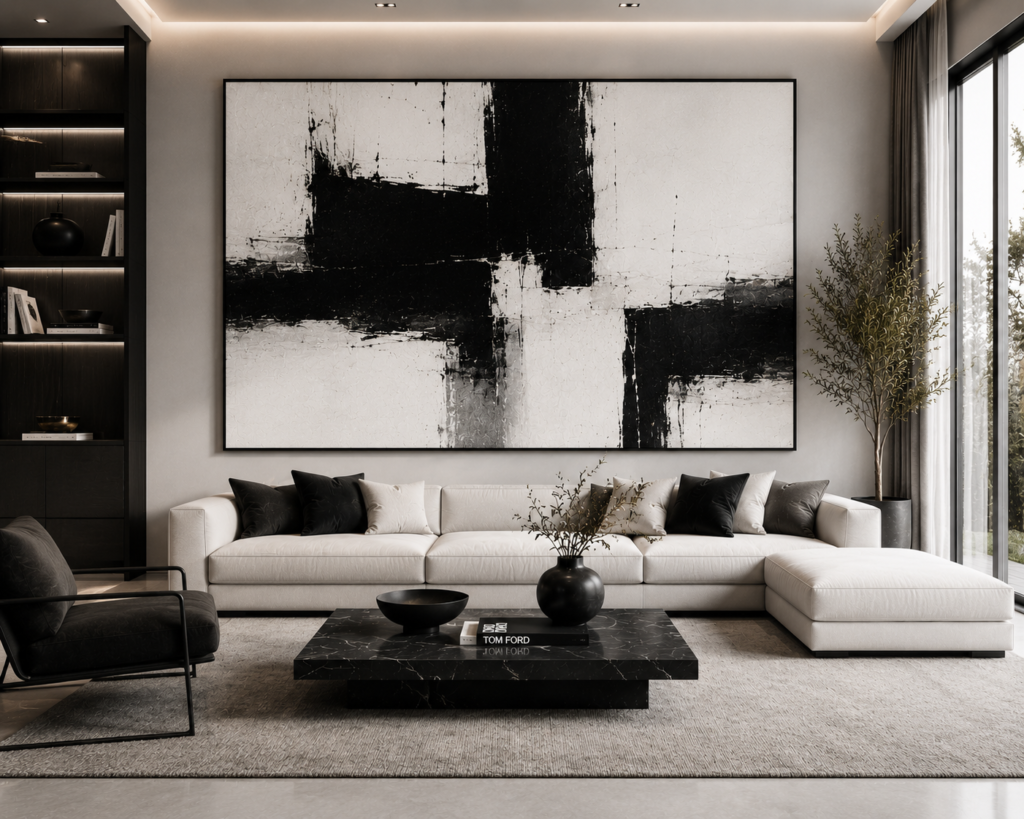 black and white modern living room wall art