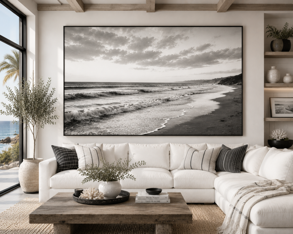 black and white ocean and coastal living room wall art