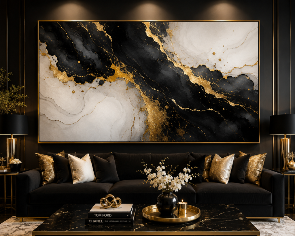 black and white and gold living room wall art