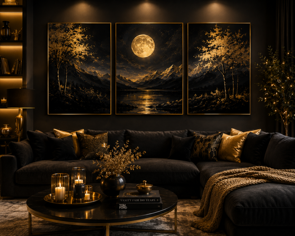 cozy black and gold living room wall art