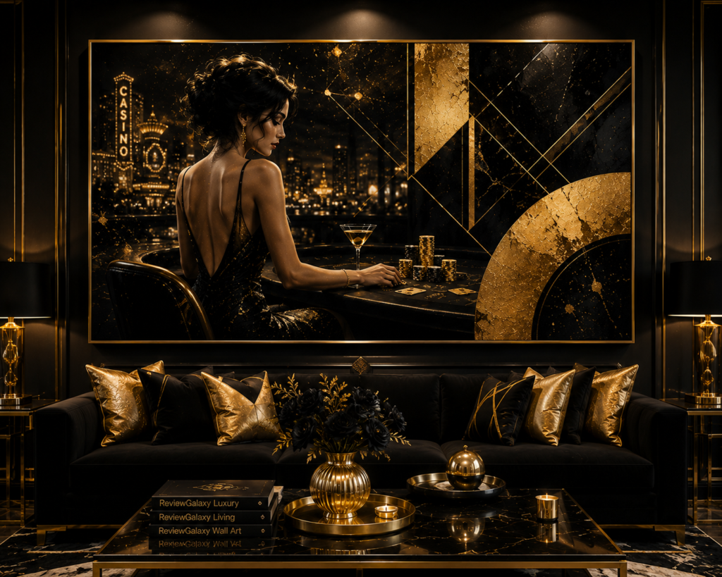 glam black and gold living room wall art