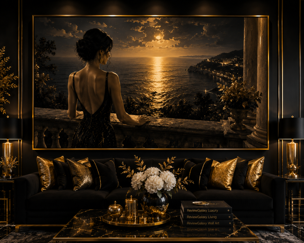 gold accent black living room wall art
