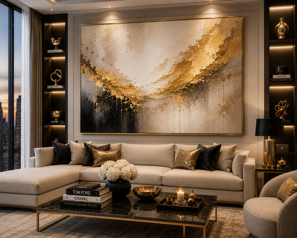 gold accent luxury living room wall art