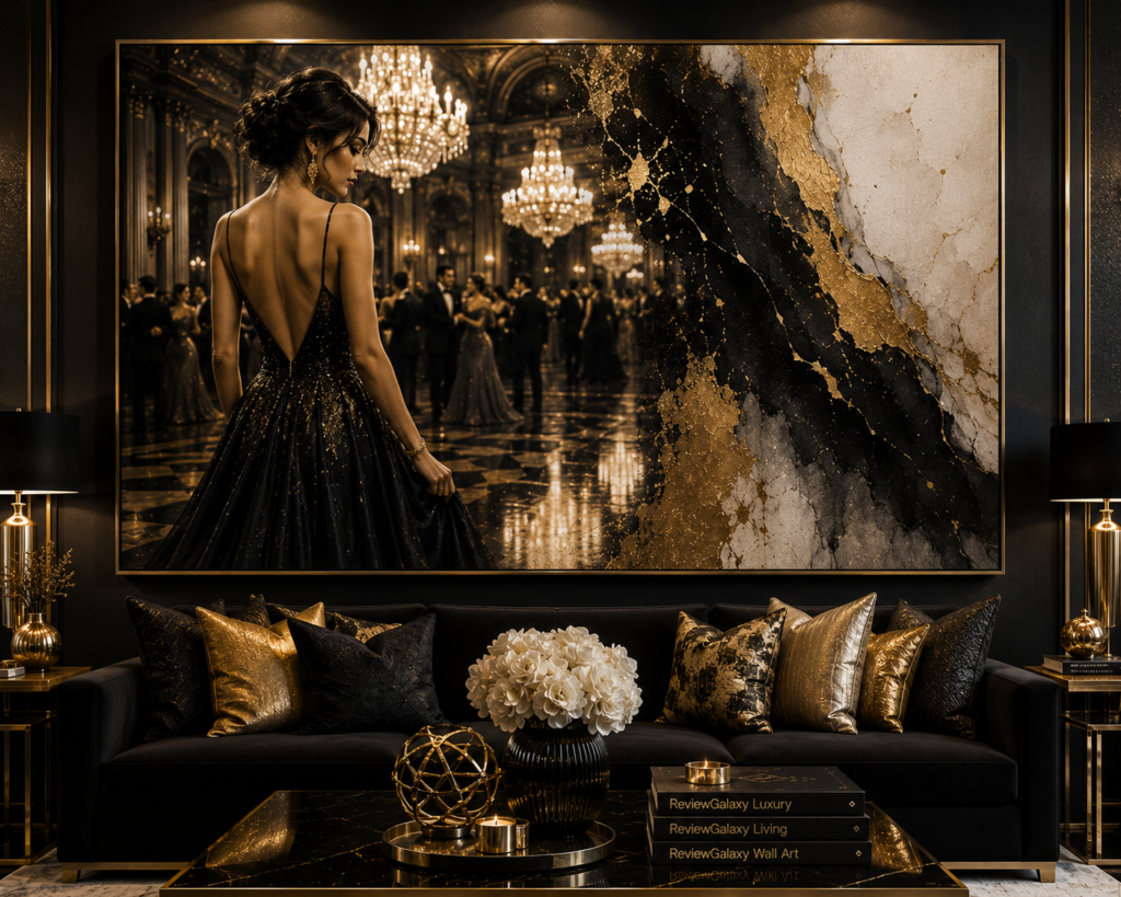 neutral canvas black and gold living room wall art
