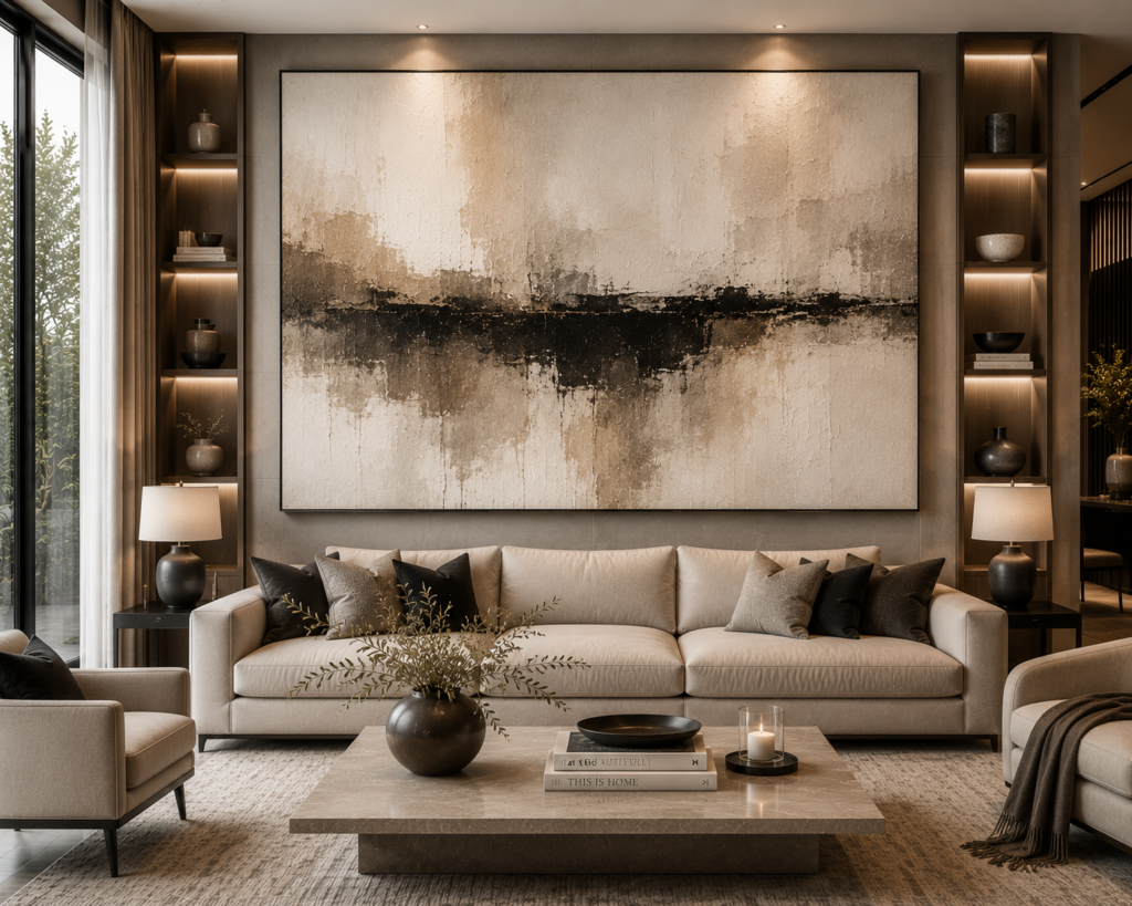 neutral tone large statement living room wall art