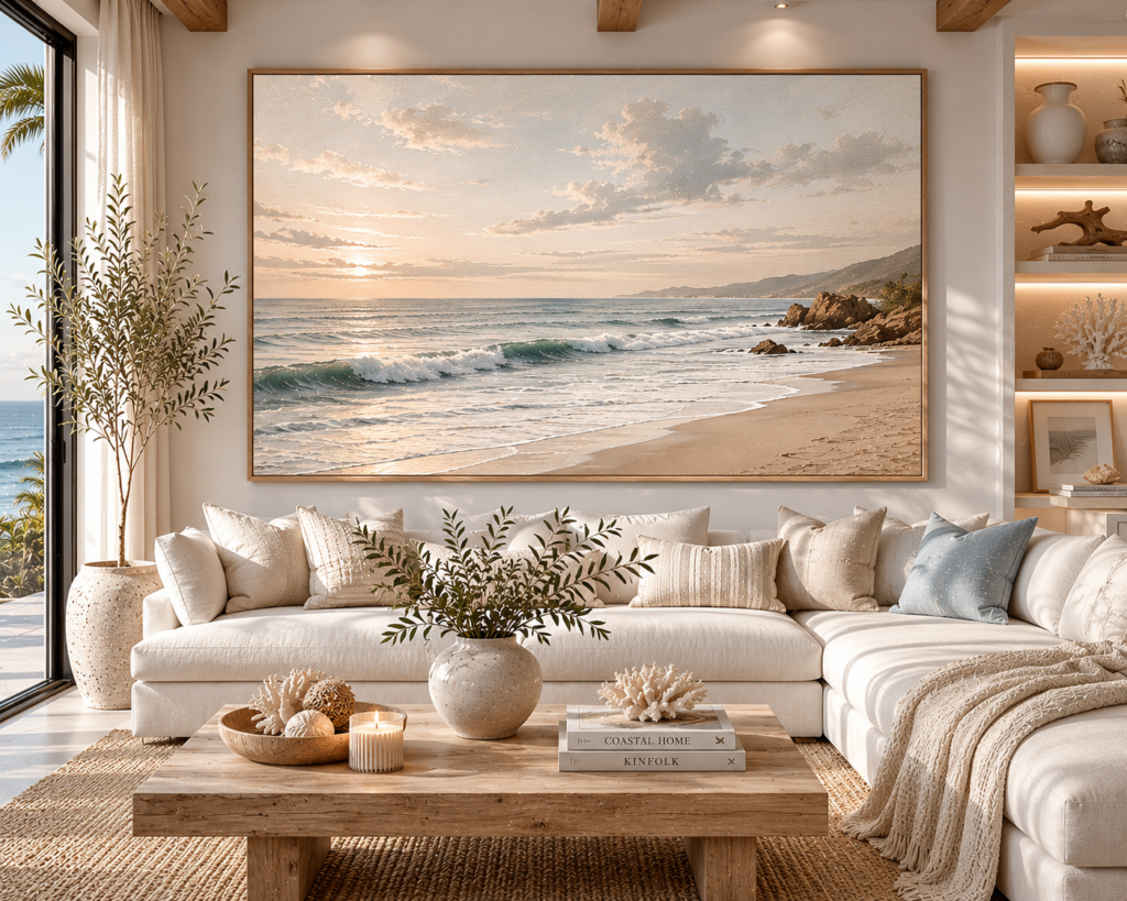 neutral tone ocean and coastal living room wall art
