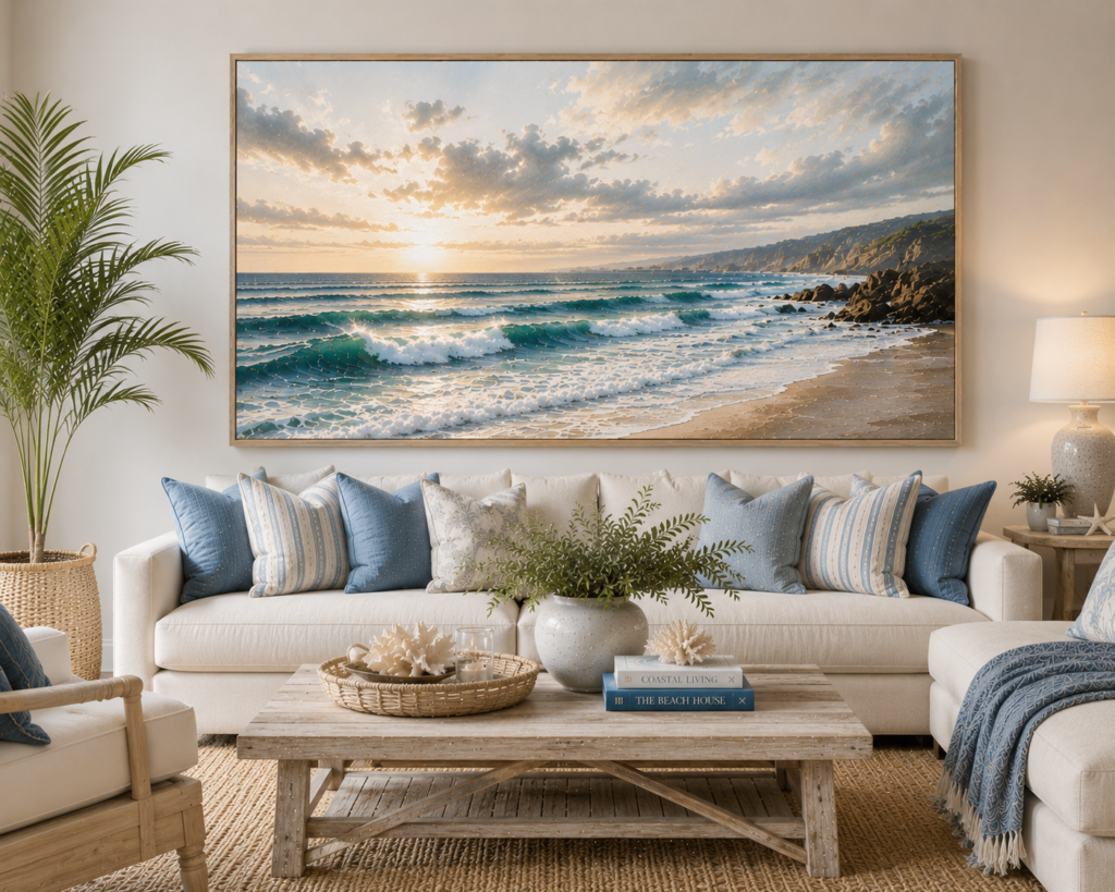 ocean and coastal wall art above sofa ideas