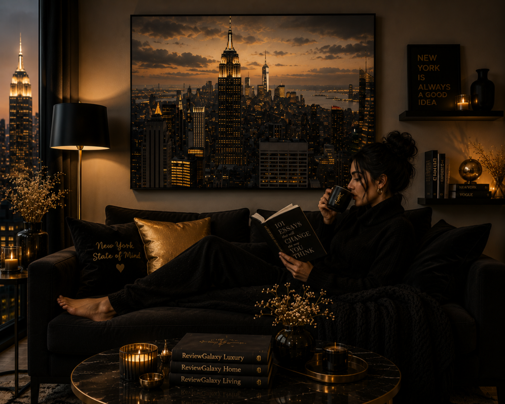small space black and gold living room wall art