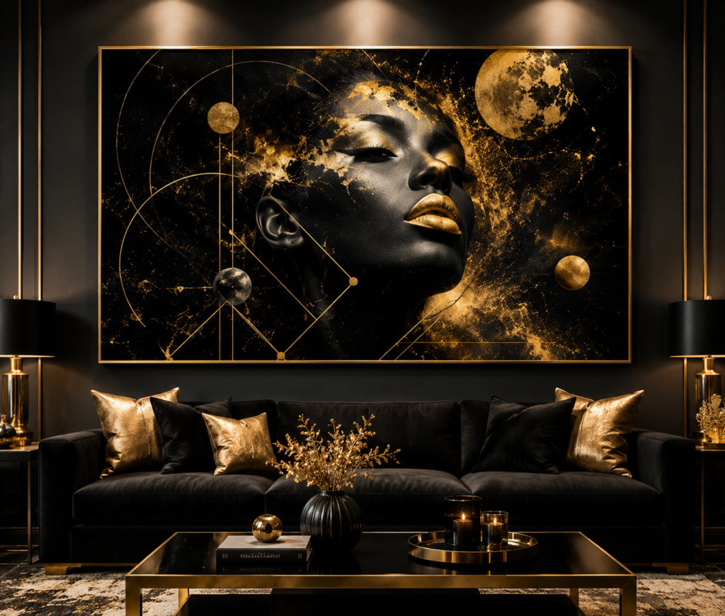 statement black and gold living room wall art 2