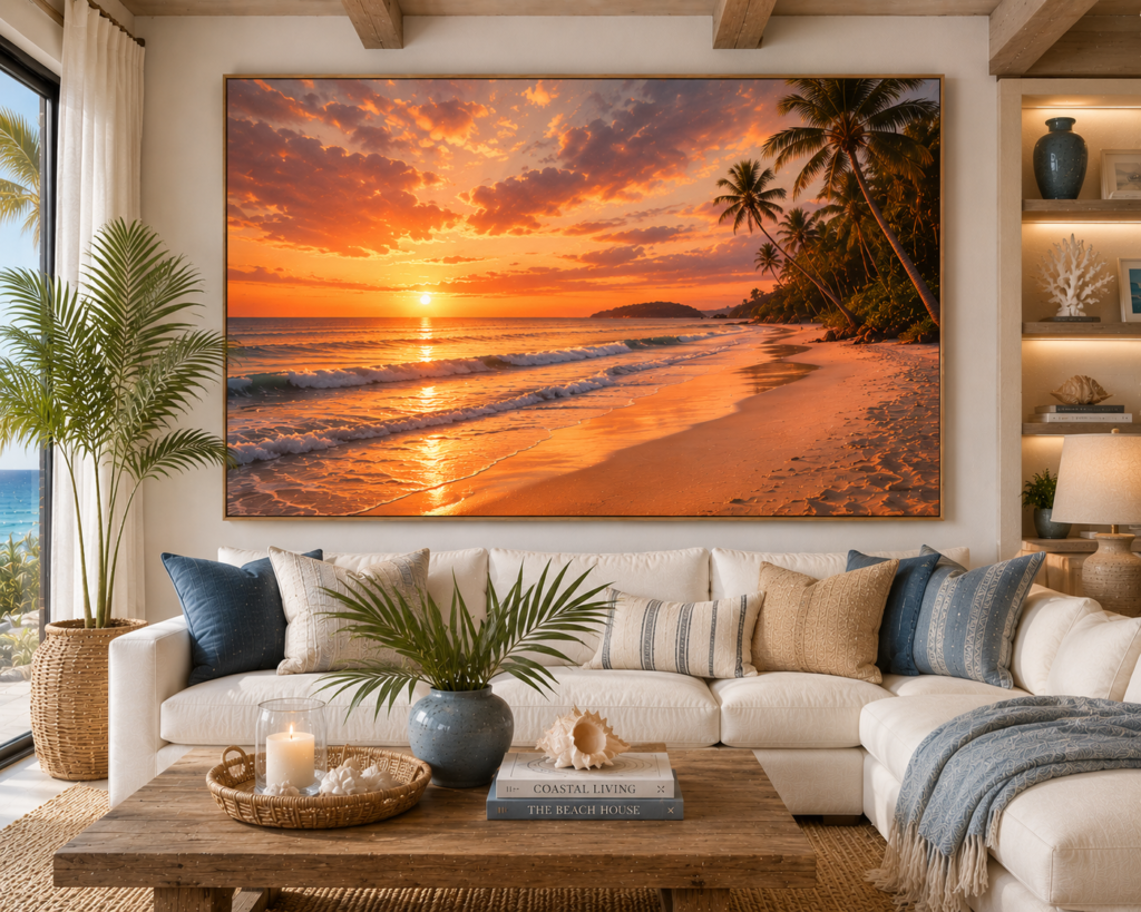 sunset ocean and coastal living room wall art