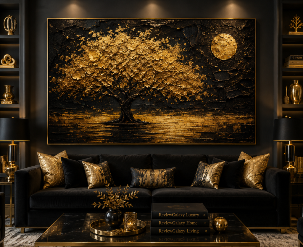 textured black and gold living room wall art